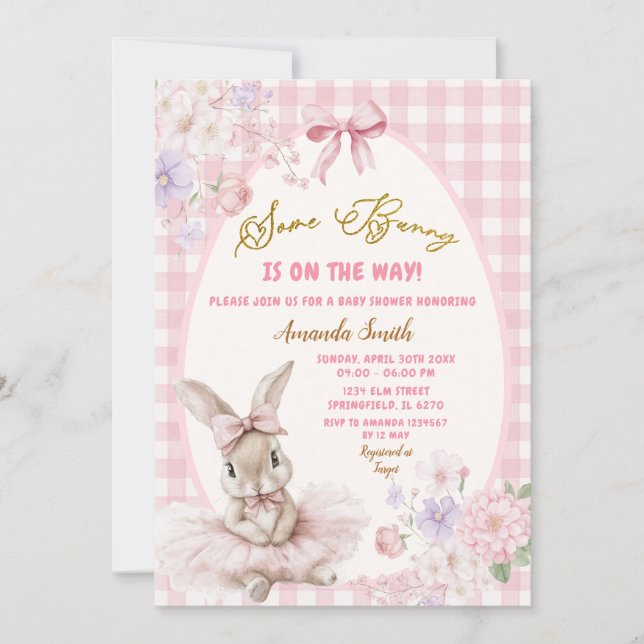 Convite Pink Gingham Easter Some Bunny Floral Baby Shower (Frente)