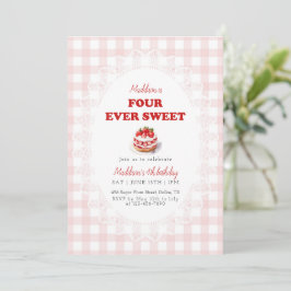 Convite Pink Gingham Four ever Sweet Strawberry Birthday