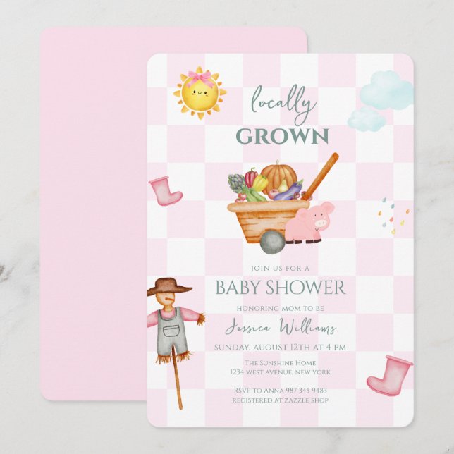 Convite Pink Gingham Locally grown Farmer Baby Shower (Frente/Verso)