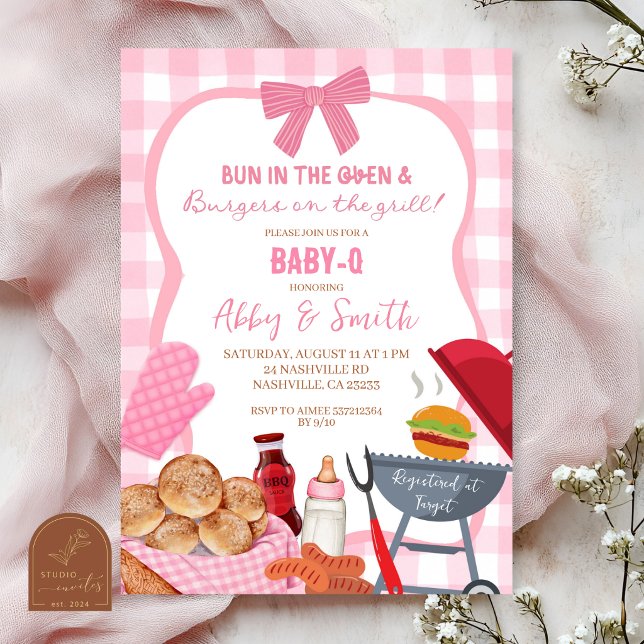 Convite Pink Gingham Plaid BabyQ baby shower Invitation (Criador carregado)