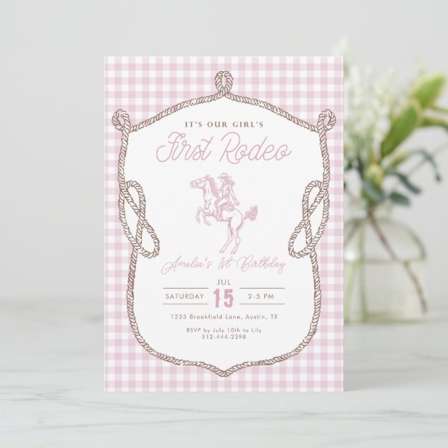 Convite Pink Gingham Primeiro Rodeio Aniversário de 1 ano  (Em pé/Frente)