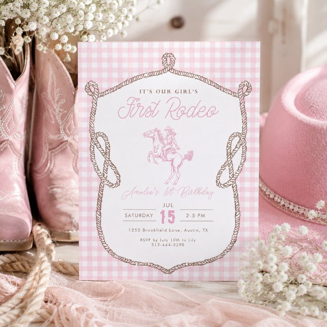 Convite Pink Gingham Primeiro Rodeio Aniversário de 1 ano  (Criador carregado)