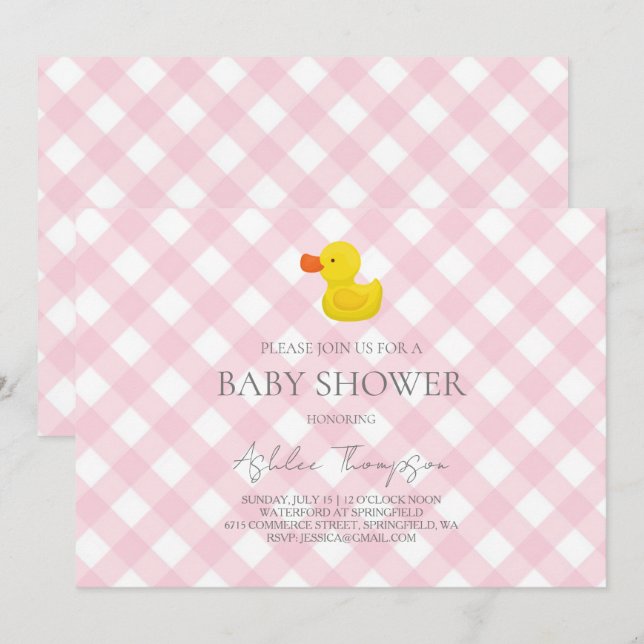 Convite Pink Gingham Rubber Duckie Baby Shower (Frente/Verso)