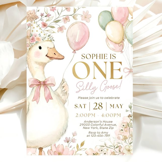 Convite Pink Gingham Silly Goose 1st Birthday Invitation  (Criador carregado)