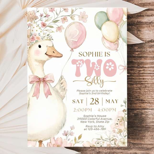Convite Pink Gingham Silly Goose 2nd Birthday Invitation  (Criador carregado)