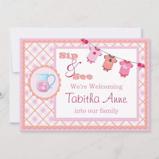 Convite Pink Gingham Sip e veja Bunting Baby Invitation (Frente)