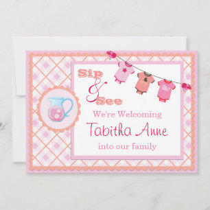 Convite Pink Gingham Sip e veja Bunting Baby Invitation