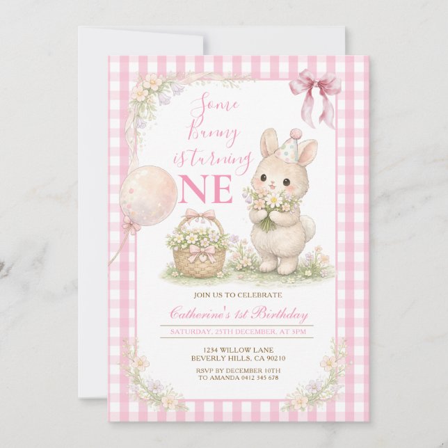 Convite Pink Gingham Some Bunny Is Turning One Birthday (Frente)