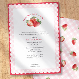 Convite Pink Gingham Strawberry Berry Sweet Baby Shower