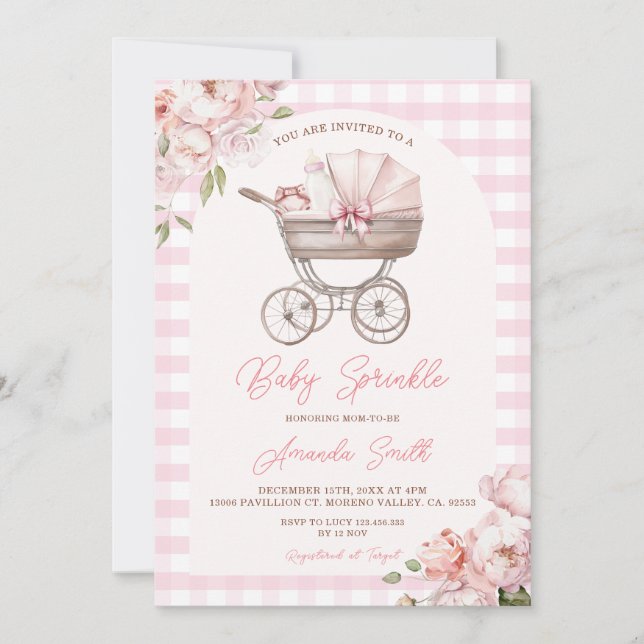 Convite Pink Gingham Stroller Floral Girl Baby Sprinkle (Frente)