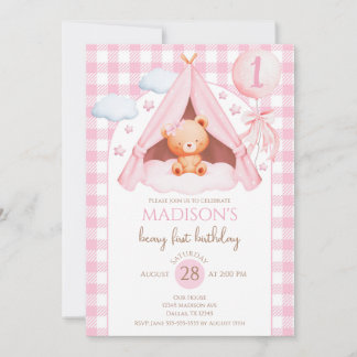 Convite Pink Gingham Teddy Bear Balloon Girl 1st Birthday