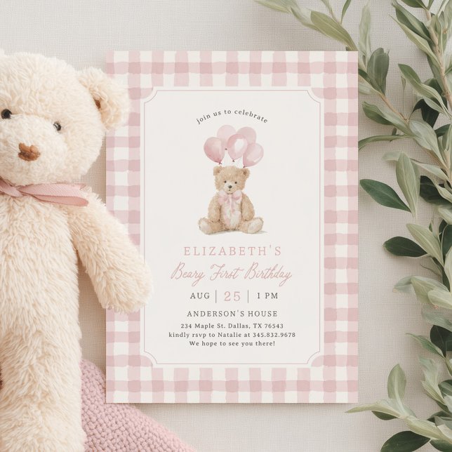 Convite Pink Gingham Teddy Bear Beary First Birthday (Criador carregado)