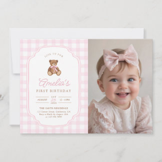 Convite Pink Gingham Teddy Bear Beary First Birthday Photo