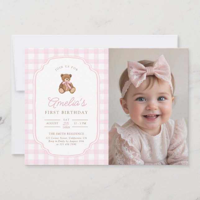 Convite Pink Gingham Teddy Bear Beary First Birthday Photo (Frente)