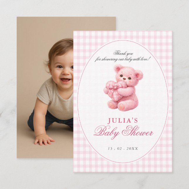 Convite Pink Gingham Teddy Bear Neutral Baby Shower (Frente/Verso)