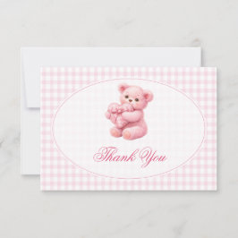 Convite Pink Gingham Teddy Bear Neutral Baby Shower