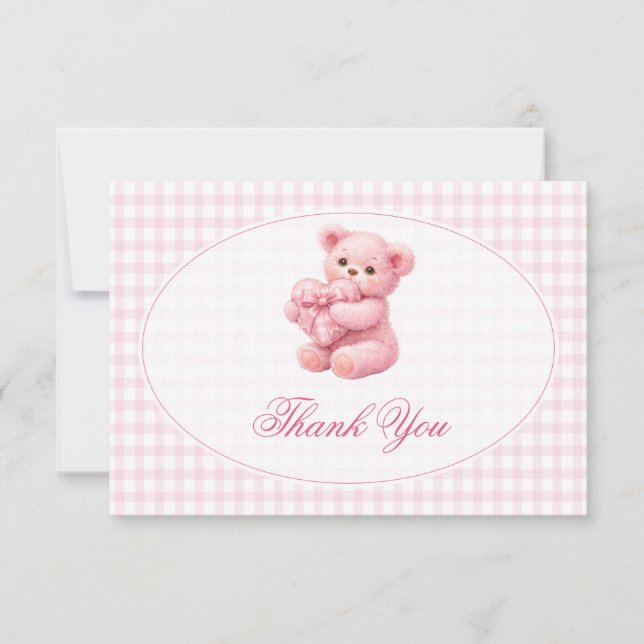 Convite Pink Gingham Teddy Bear Neutral Baby Shower (Frente)