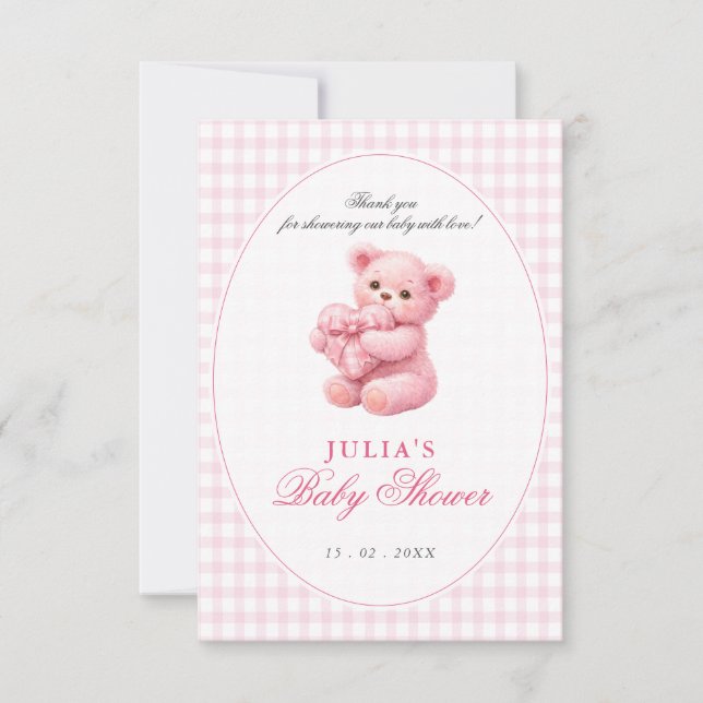 Convite Pink Gingham Teddy Bear Neutral Baby Shower (Frente)
