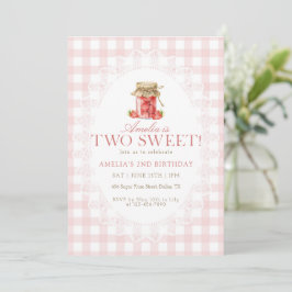 Convite Pink Gingham Two Sweet Strawberry Birthday
