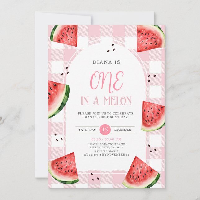 Convite Pink Gingham Watermelon First Birthday Invitation (Frente)