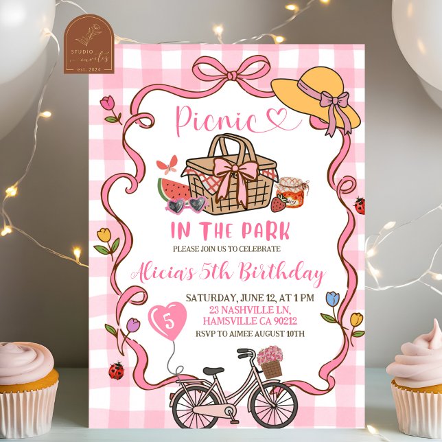 Convite  Pink Gingham Whimsical Picnic Birthday Invitation (Criador carregado)