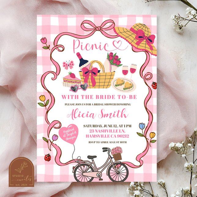 Convite  Pink Gingham Whimsical Picnic Bridal Shower Invit (Criador carregado)
