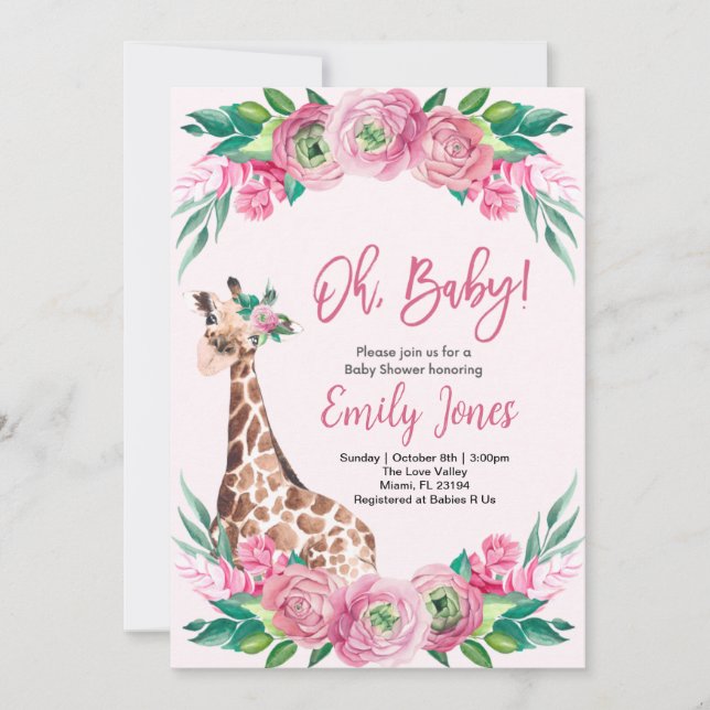 Convite Pink Giraffe Floral Baby Shower (Frente)
