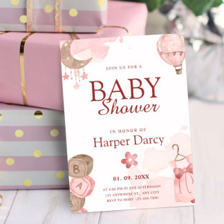 Convite Pink Girl Baby Shower with Moon & Hot Air Balloon