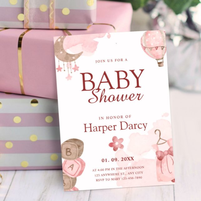 Convite Pink Girl Baby Shower with Moon & Hot Air Balloon (Pink Girl Baby Shower with Moon & Hot Air Balloon Invitation, Oh Baby Invitation)