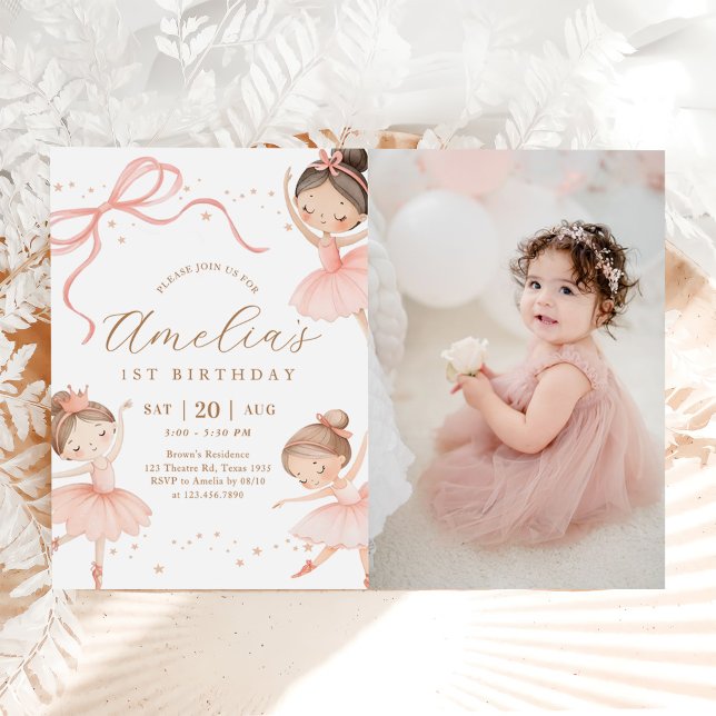 Convite Pink Girl Ballerina 1st Birthday Party Photo (Criador carregado)