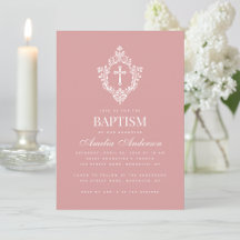 Pink Girl Baptism Cross & Crest Elegant Dusty Rose
