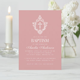 Convite Pink Girl Baptism Cross & Crest Elegant Dusty Rose