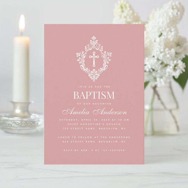 Convite Pink Girl Baptism Cross & Crest Elegant Dusty Rose (Criador carregado)