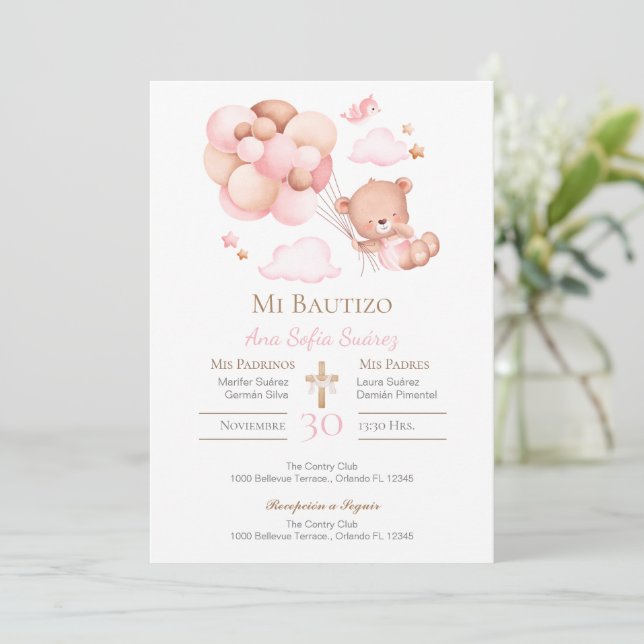 Convite Pink Girl Baptism Invitation (Em pé/Frente)