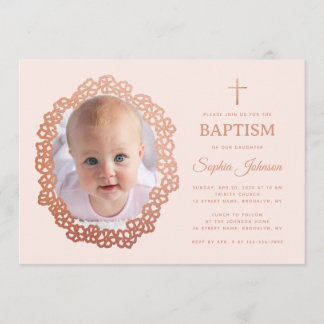 Convite Pink Girl Baptism Photo in Rose Gold Floral Wreath