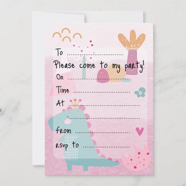 Convite Pink Girl Dino Birthday Party Fill--In (Frente)