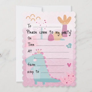 Convite Pink Girl Dino Birthday Party Fill--In Scalloped