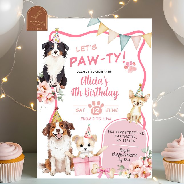 Convite Pink Girl Dog let's Pawty Birthday Invitation (Criador carregado)