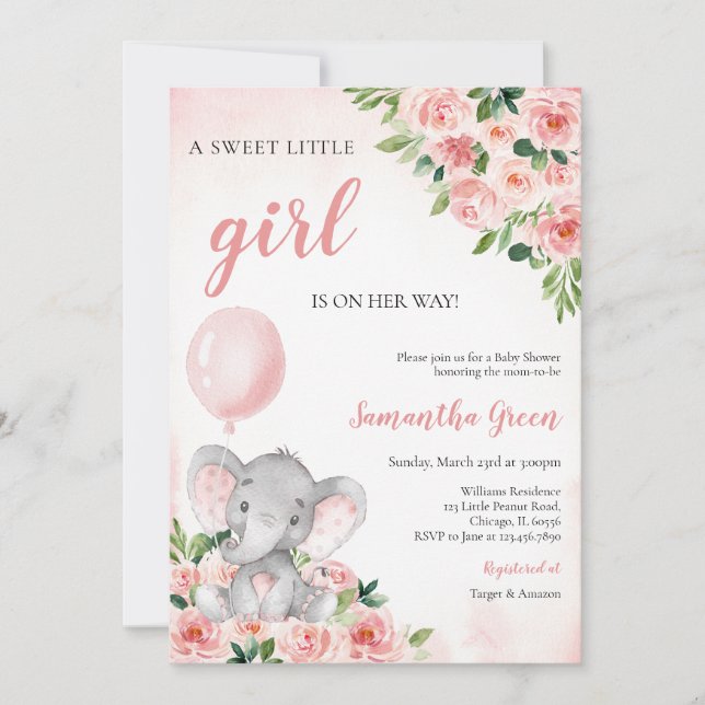 Convite Pink Girl Elephant Baby Shower (Frente)