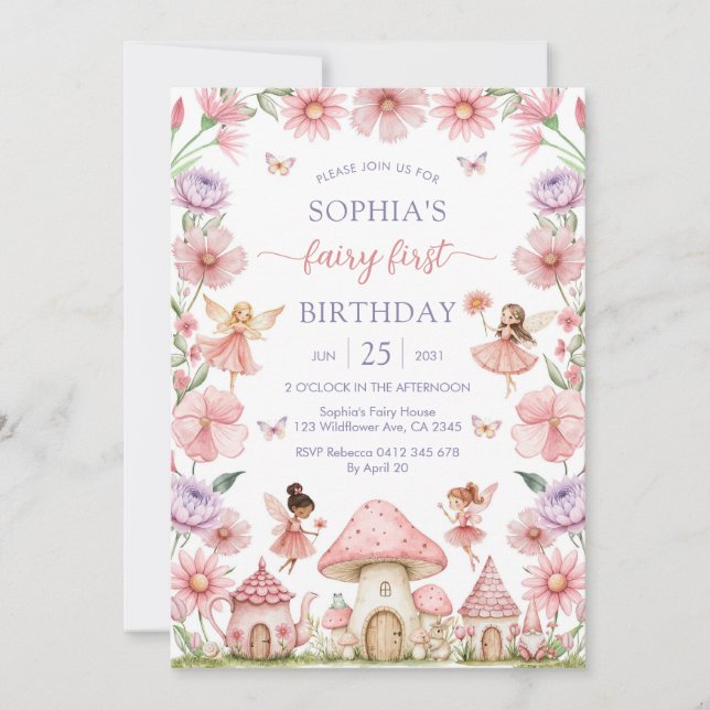 Convite Pink Girl Floral Fairy First 1st Birthday (Frente)