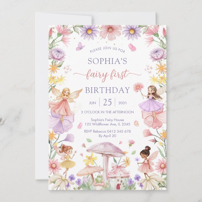 Convite Pink Girl Floral Fairy First 1st Birthday (Frente)
