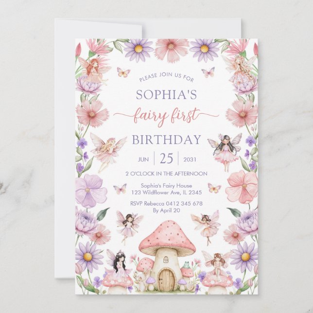 Convite Pink Girl Floral Fairy First 1st Birthday (Frente)