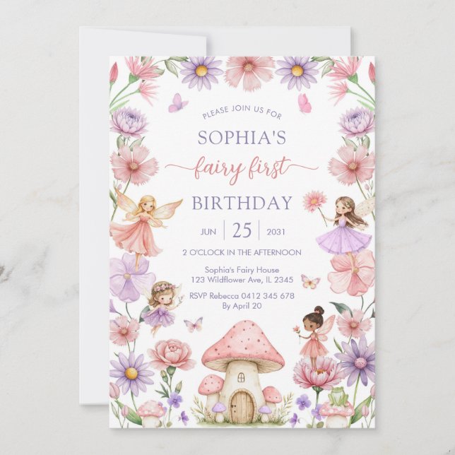 Convite Pink Girl Floral Fairy First 1st Birthday (Frente)