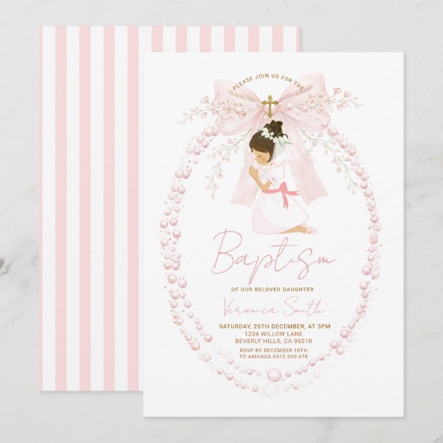 Convite Pink Girl Pearls Bow Baptism Invitation (Frente/Verso)