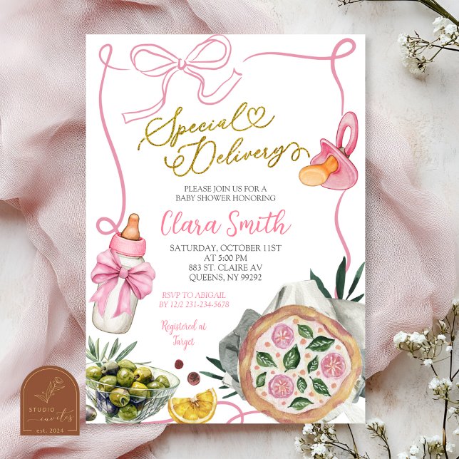 Convite Pink Girl Special Delivery Italian Baby Shower (Criador carregado)