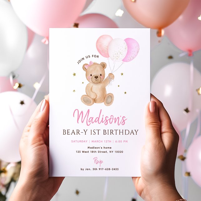 Convite Pink Girl Teddy Bear Balloon First Birthday (Criador carregado)