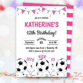 Convite Pink Girls Soccer Party Birthday Invitation
