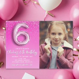 Convite Pink Glitter 6th Birthday for Girl with Photo