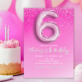 Convite Pink Glitter Ballon Numer - 6th Birthday for Girls