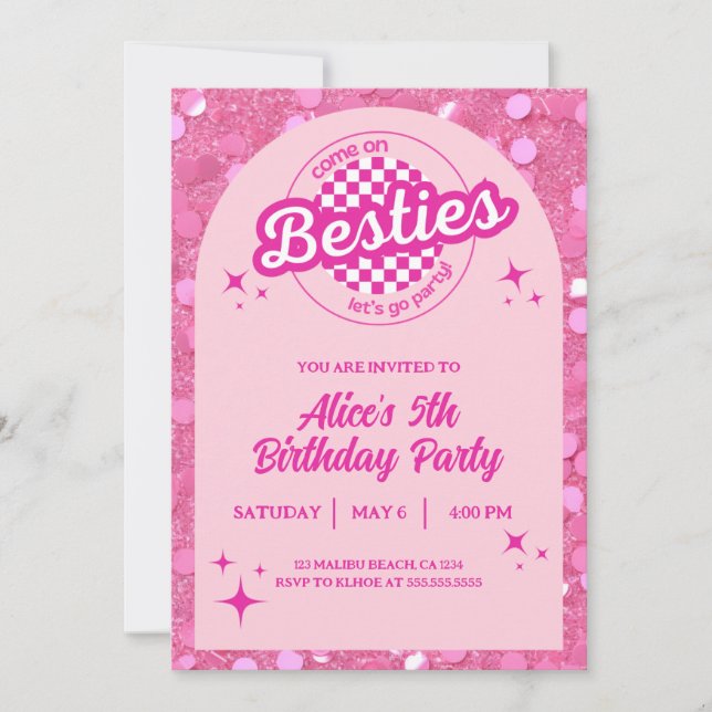 Convite Pink Glitter Doll Themed Birthday Invitation (Frente)